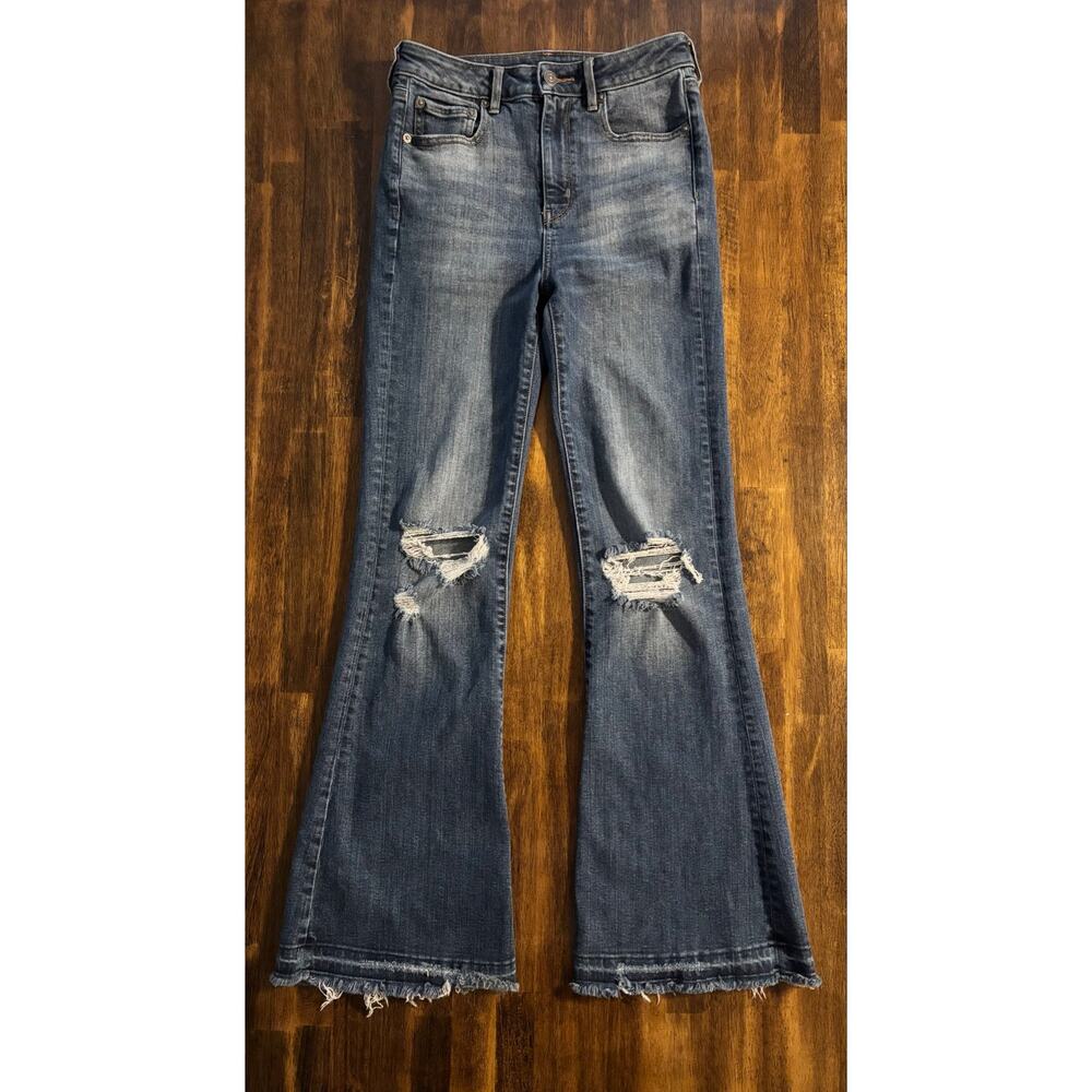 American Eagle Women 4 27x 30 Flare Jean Highest Rise Distressed Stretch Denim